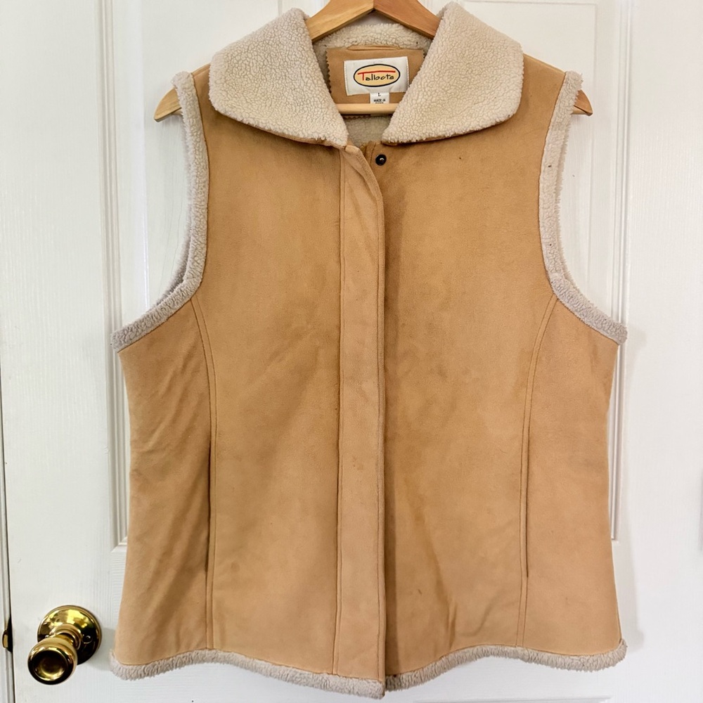 Talbots Faux Suede Sherpa Vest Tan Beige Fleece Lined Western Cozy Size Large - Picture 2 of 8